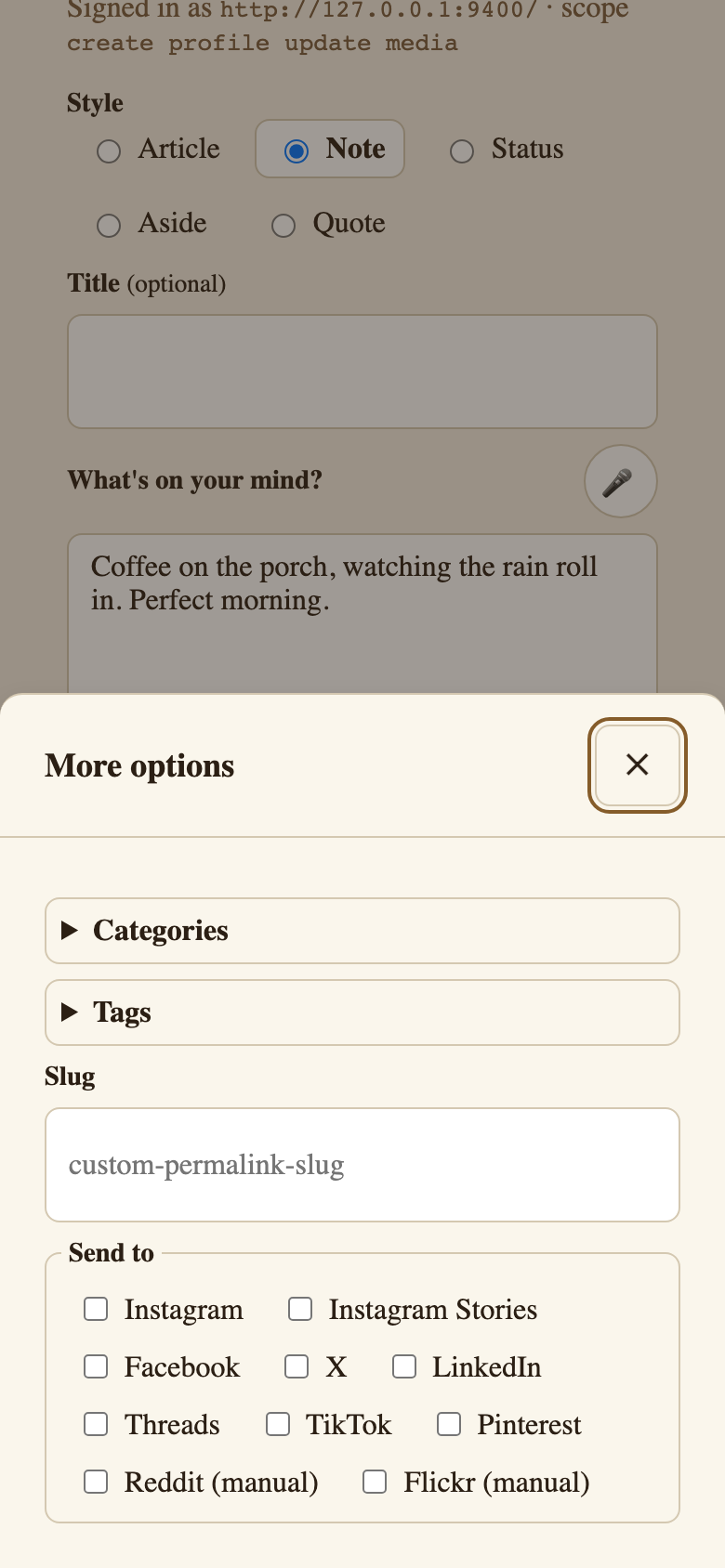 Outpost composer on a phone showing Note mode with a text field and syndication chips