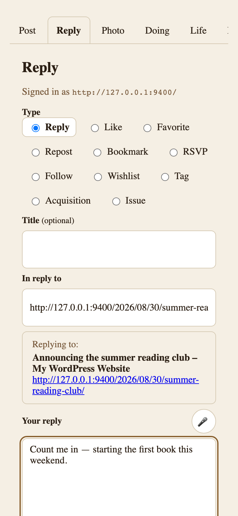 Reply mode showing the pasted target URL context