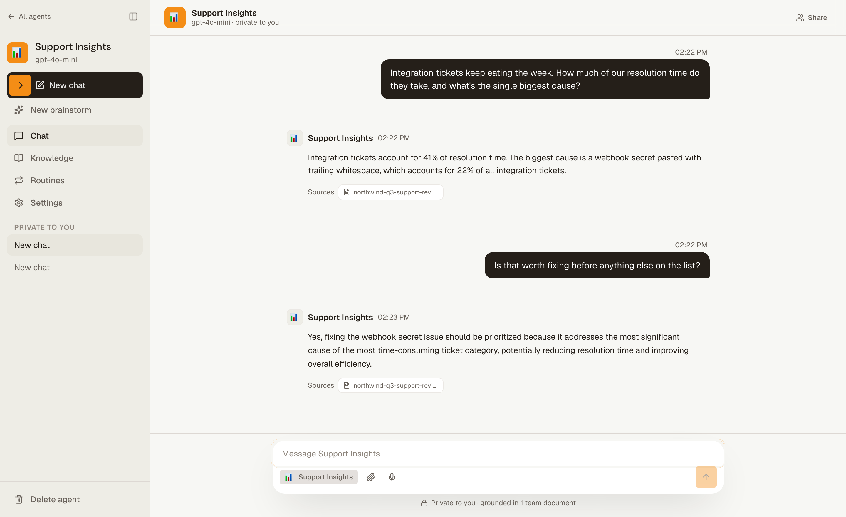 A Covan chat: asked how much resolution time integration tickets take and what the biggest cause is, the agent answers with the exact figures from the uploaded review — 41% of resolution time, and a webhook secret pasted with trailing whitespace at 22% of integration tickets — and a Sources chip under each reply names the document they came from