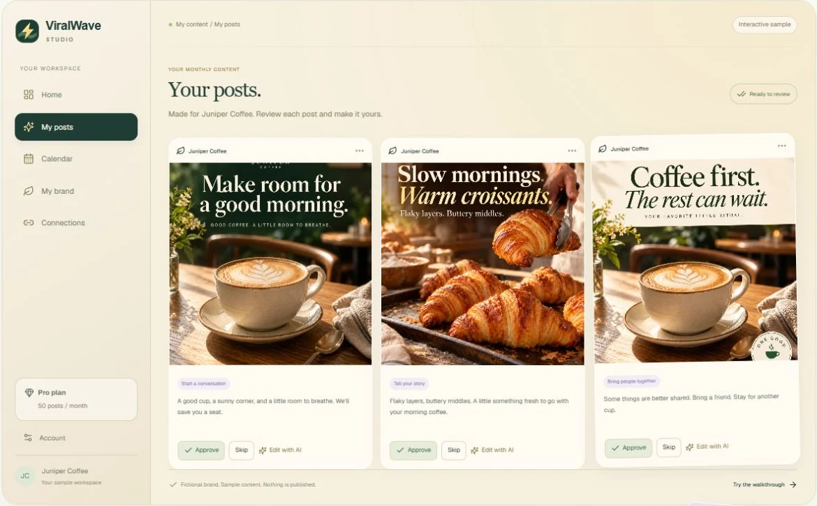ViralWave Studio dashboard showing a month of generated posts with Approve, Skip, and Edit with AI buttons