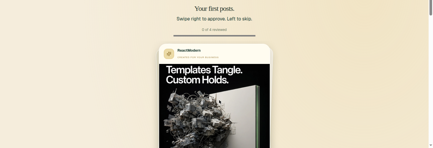 ViralWave Studio free preview: swipe right to approve, left to skip
