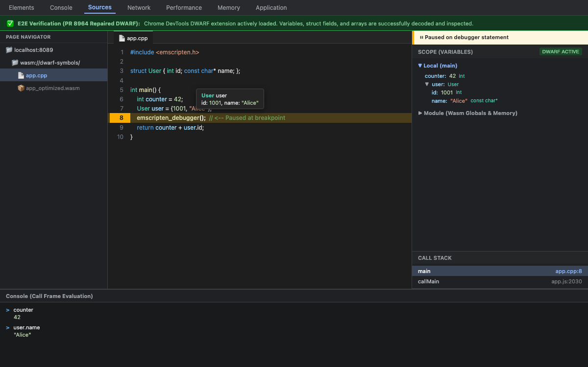 DevTools DWARF Working