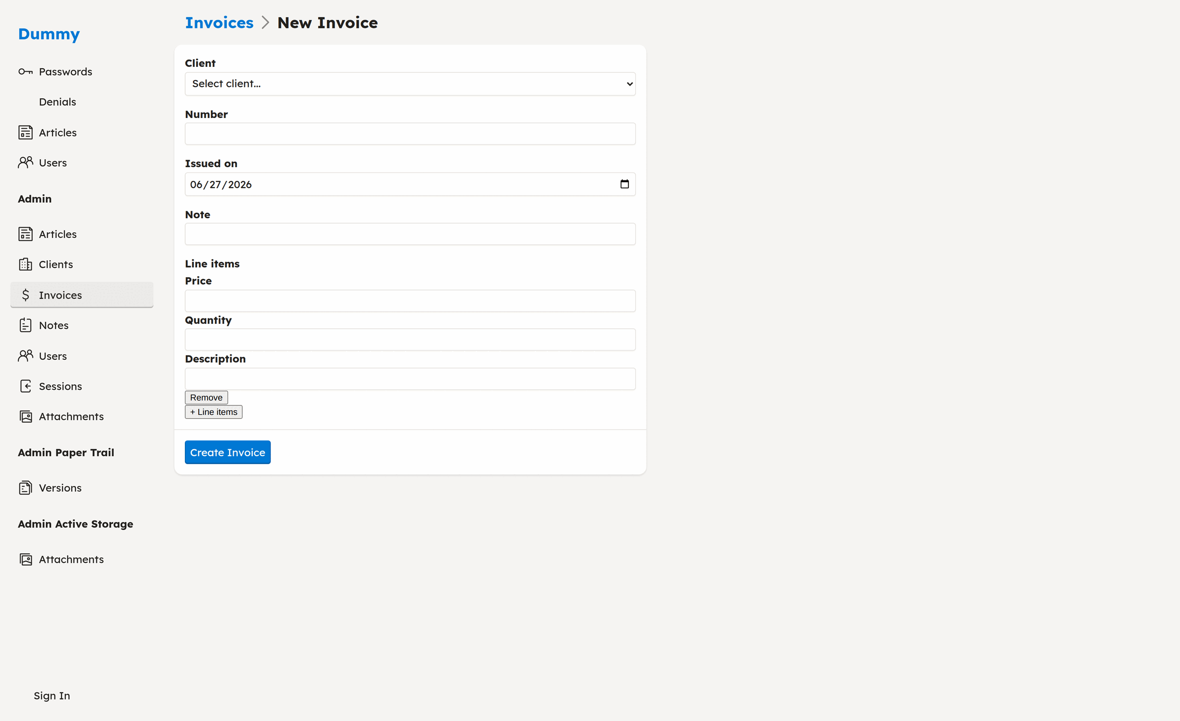 CafeCar's auto-generated new-invoice form with a client association select, typed inputs, and nested has_many line items (add/remove rows).
