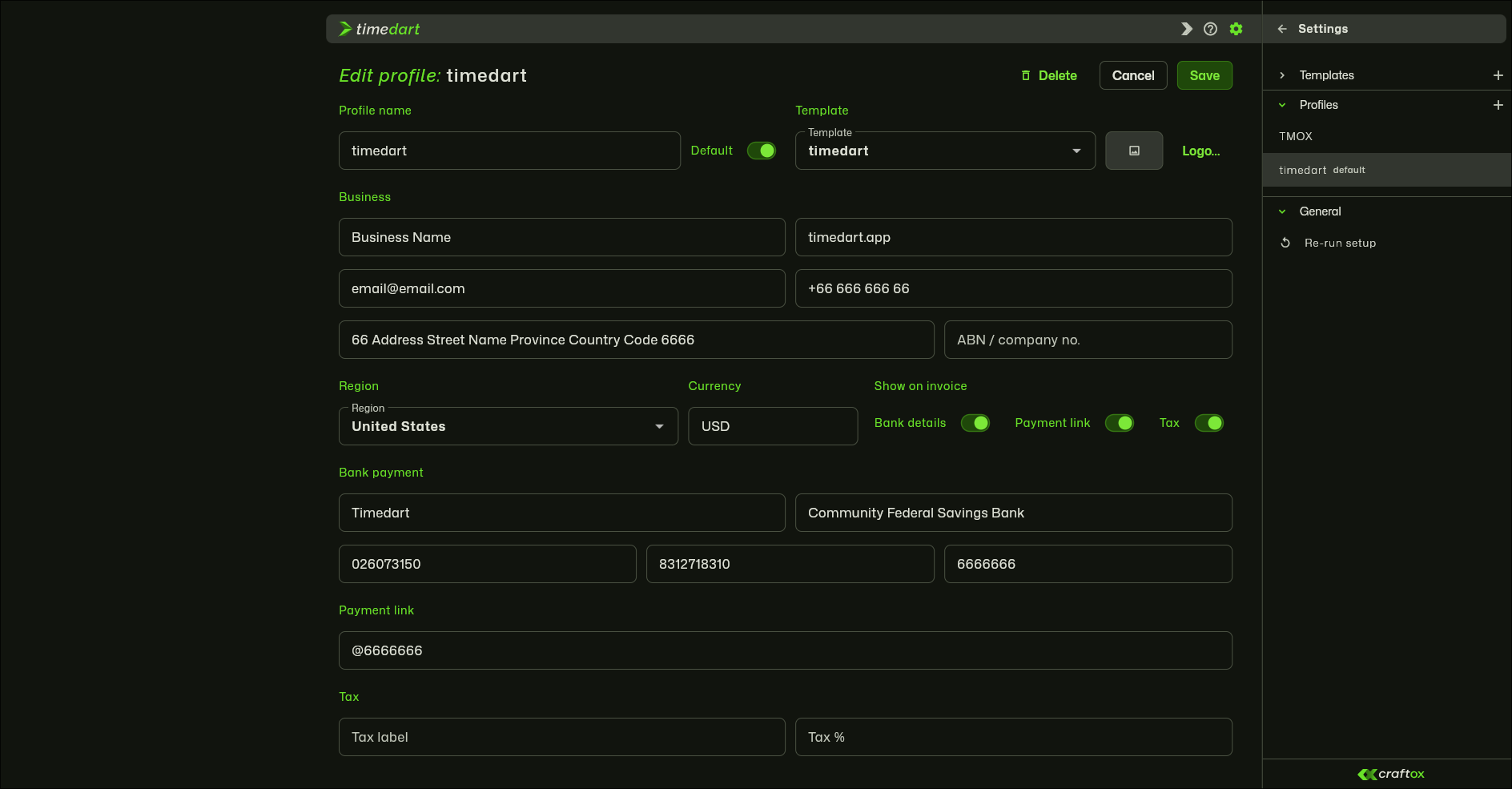 Invoice branding editor with reusable templates and profiles
