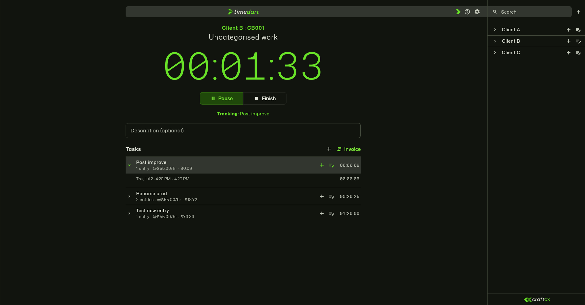 The timedart tracker, with client, project, timer, tasks and invoice all on one screen