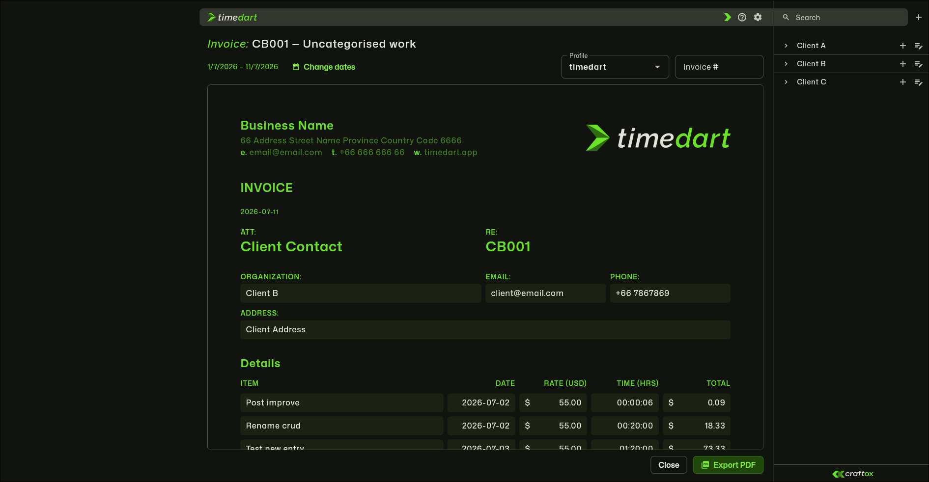 Branded, region-aware invoice preview generated from tracked hours