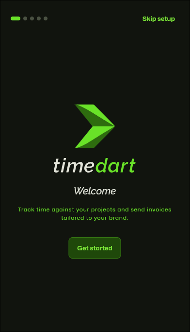 timedart welcome screen on a phone - the same first-run, on mobile