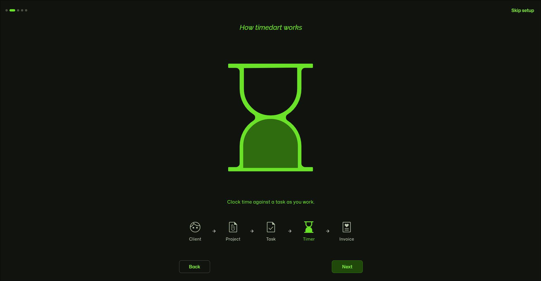Guided first-run onboarding setting up invoice identity