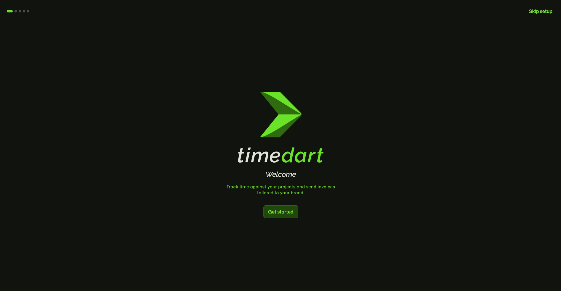 timedart welcome screen - track time against your projects and send branded invoices