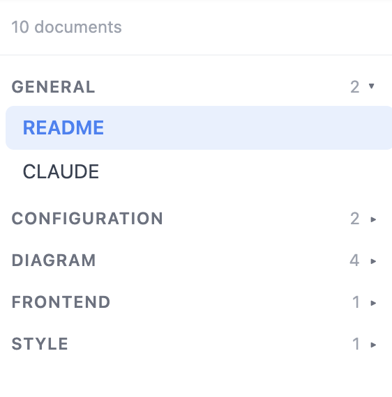 Sidebar grouped by folder → category