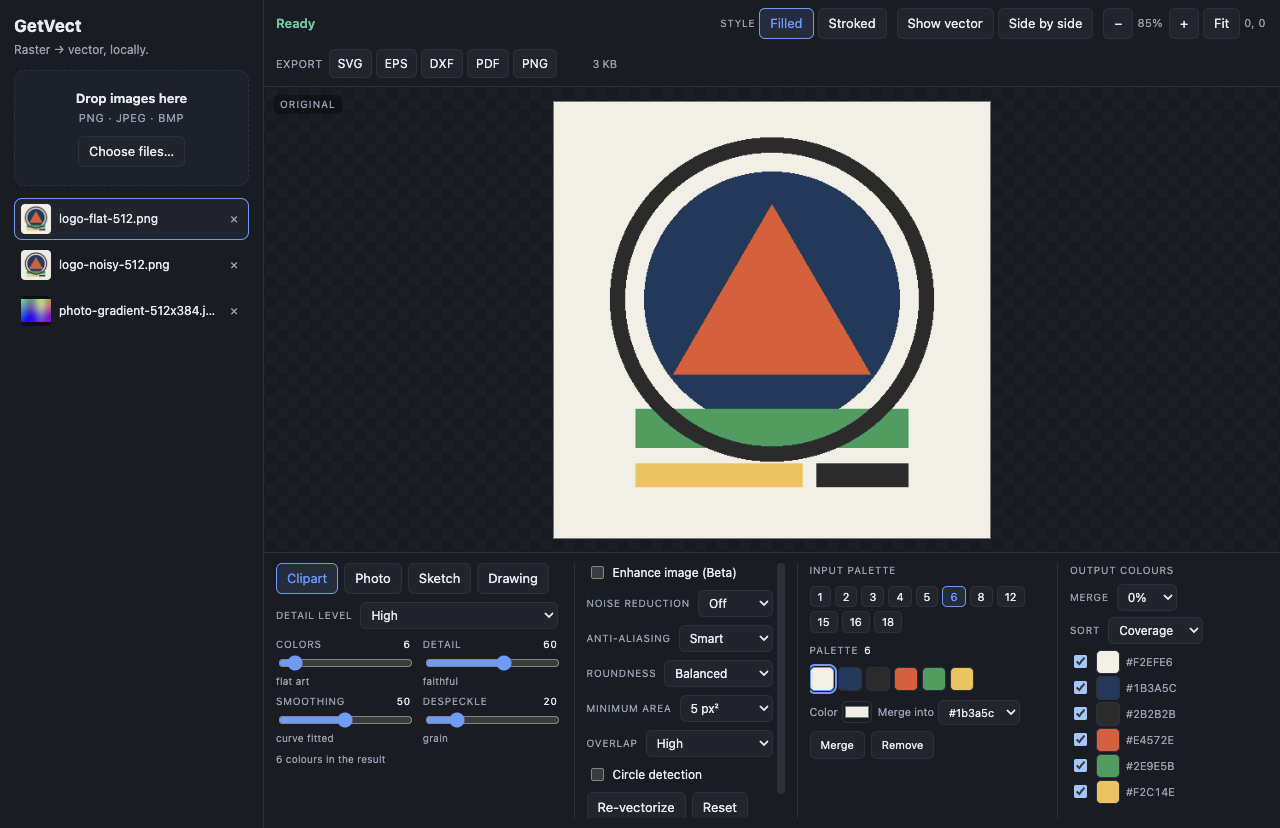 Input palette panel with candidate palette sizes and the swatch editor