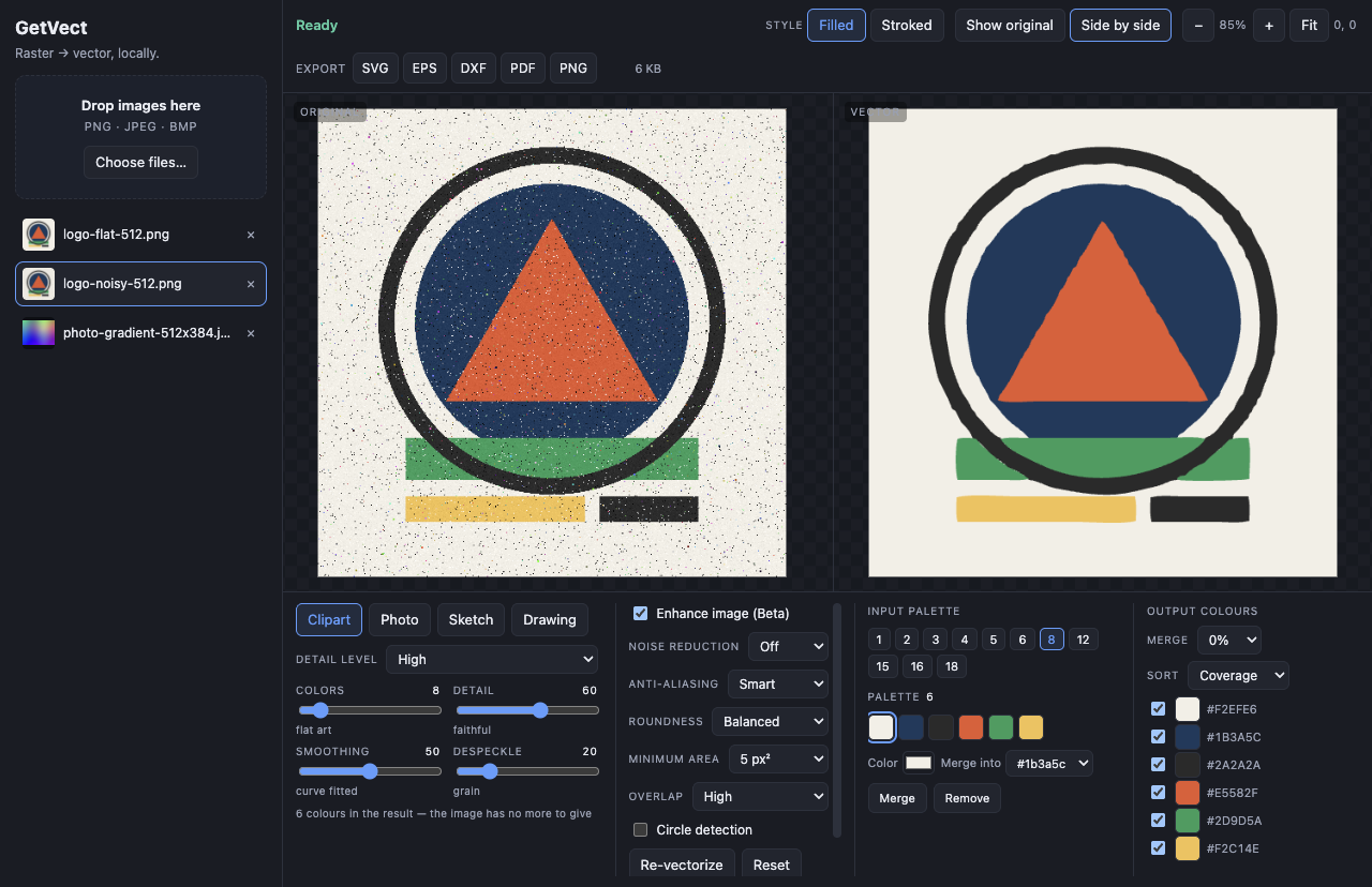 Side-by-side view: the noisy source raster on the left, the cleaned vector result on the right, with the full settings surface below