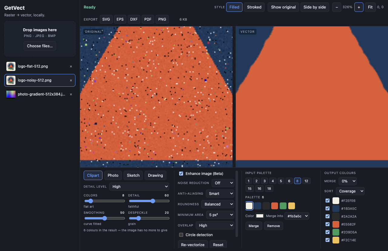 Zoomed in on both panes; source speckle vs clean vector edges