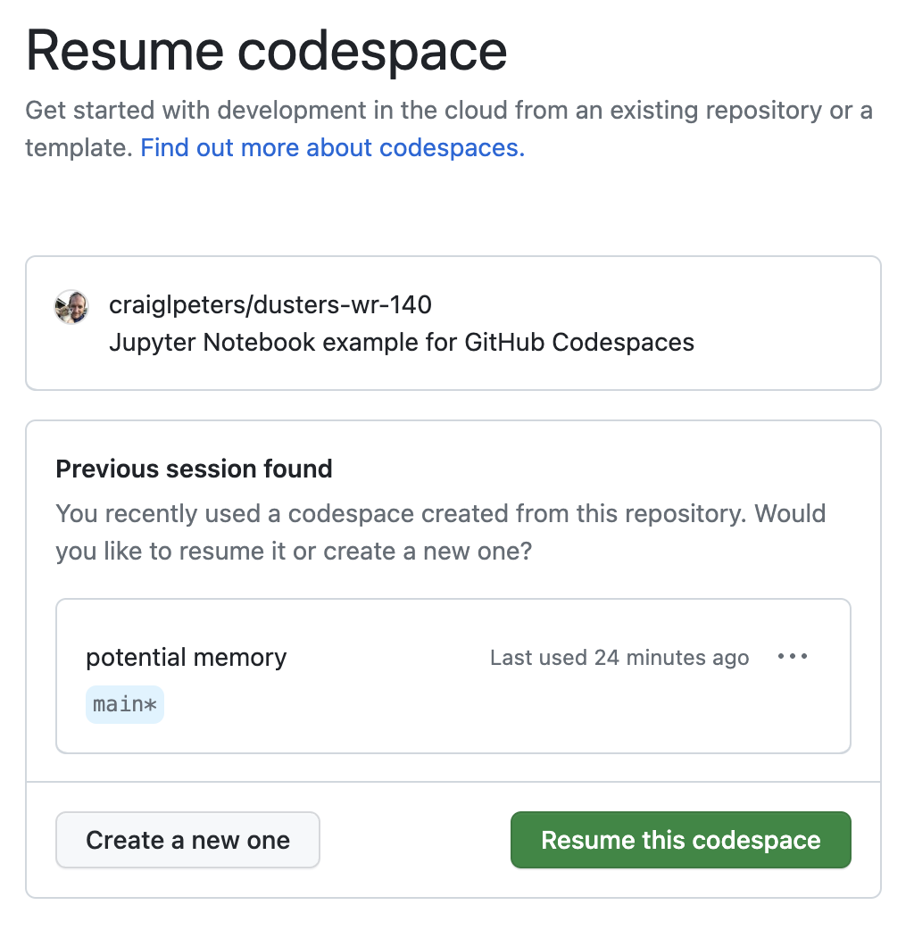 Choose resume or start a new codespace