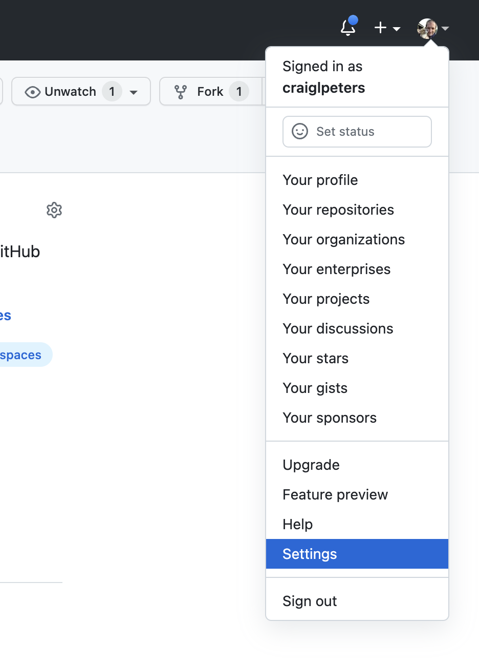 GitHub Settings Menu