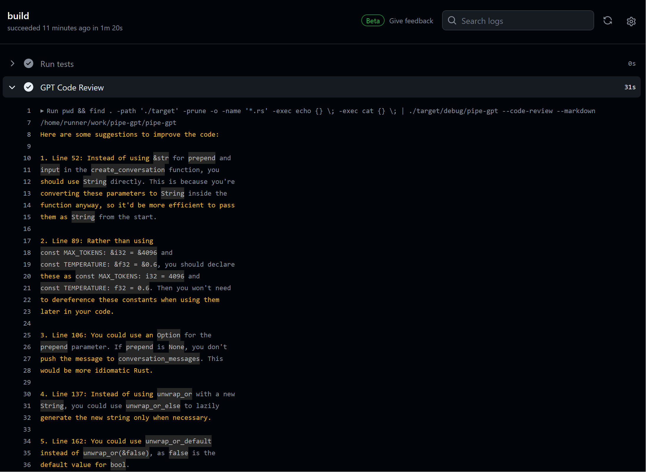 Pipe GPT used in CI to give code review recomendations