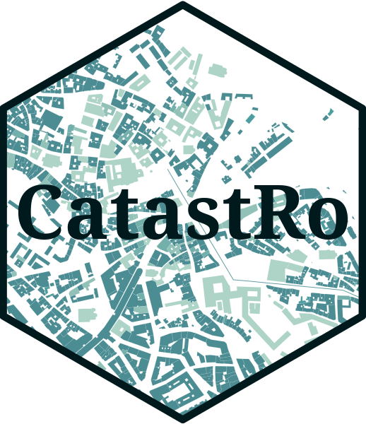 CatastRo hexagonal logo with a map of building footprints