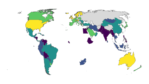 World choropleth drawn on 1950 sovereign-state borders; most of Africa is absent because it was not yet independent