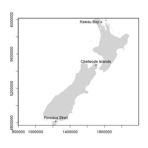 Map showing the projected SpatialPolygons (filled grey polygons) and SpatialPoints (black crosses) objects.
