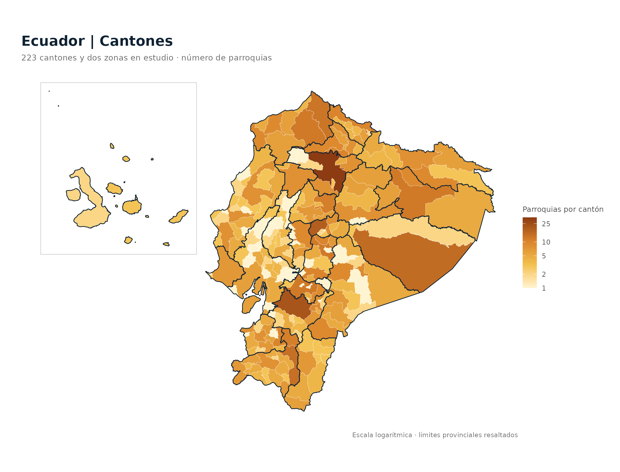 Mapa nacional de cantones por número de parroquias, límites provinciales y Galápagos