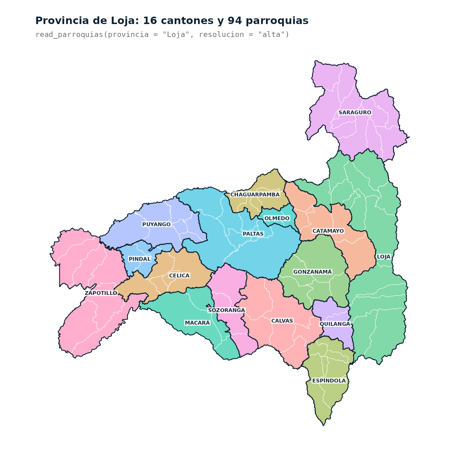 Mapa de Loja con 16 cantones y 94 parroquias etiquetadas por cantón