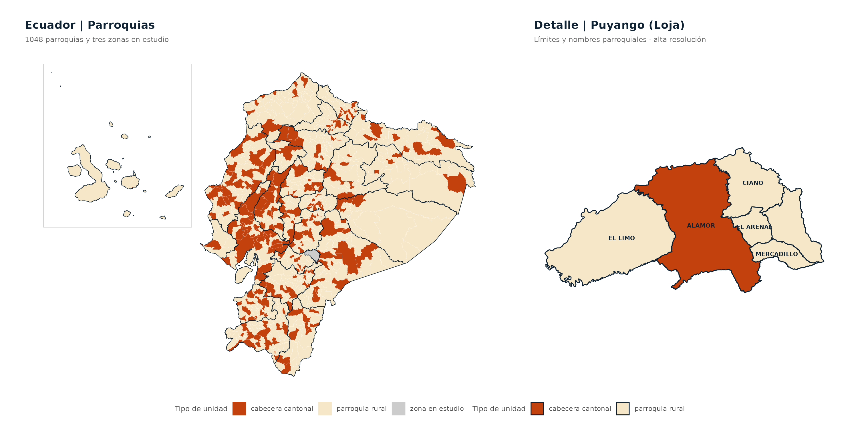 Mapa nacional de parroquias según tipo y acercamiento de Puyango Loja con etiquetas parroquiales