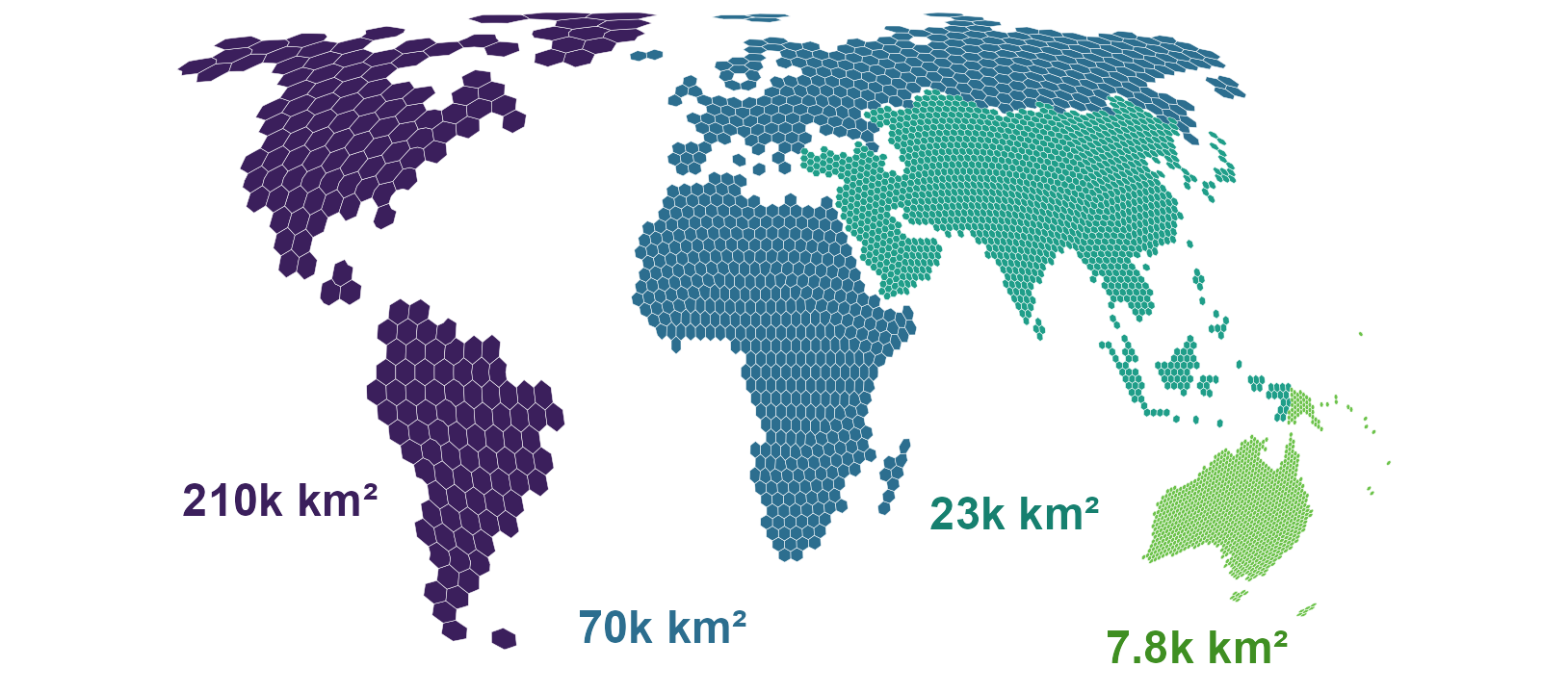 World land covered by equal-area hexagons, cell area stepping from 210,000 km² over the Americas to 7,800 km² over Oceania