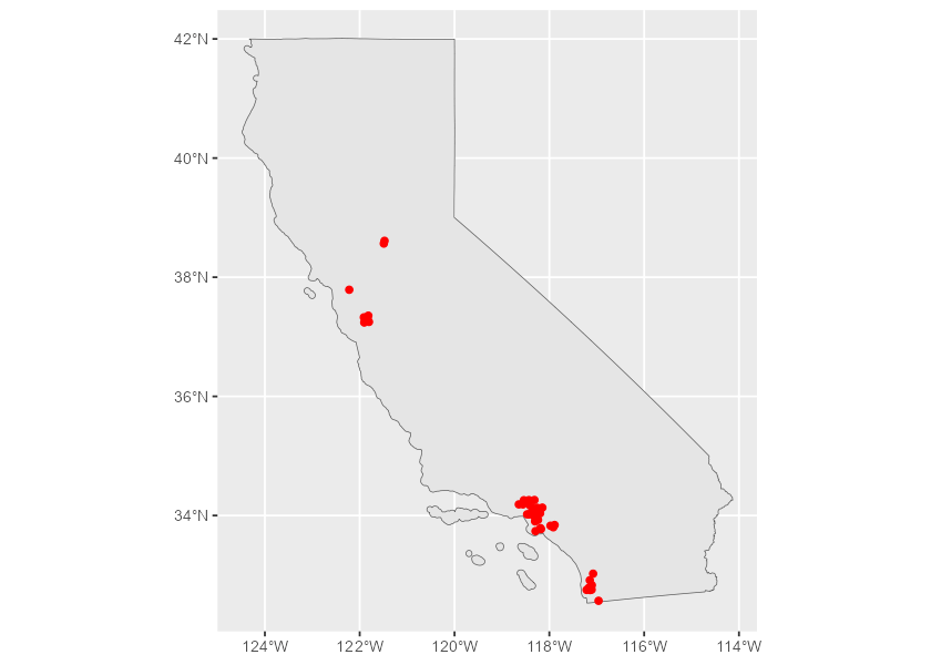 Pizza Hut locations in California returned by nominatimlite.