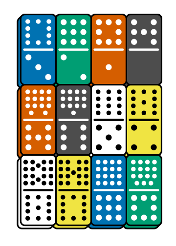 Double-18 dominoes and standard dice in a variety ofcolors