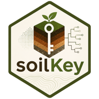 soilKey hex sticker — a key over a stratified soil profile, with a sapling emerging from the top and a decision-tree circuit on the right