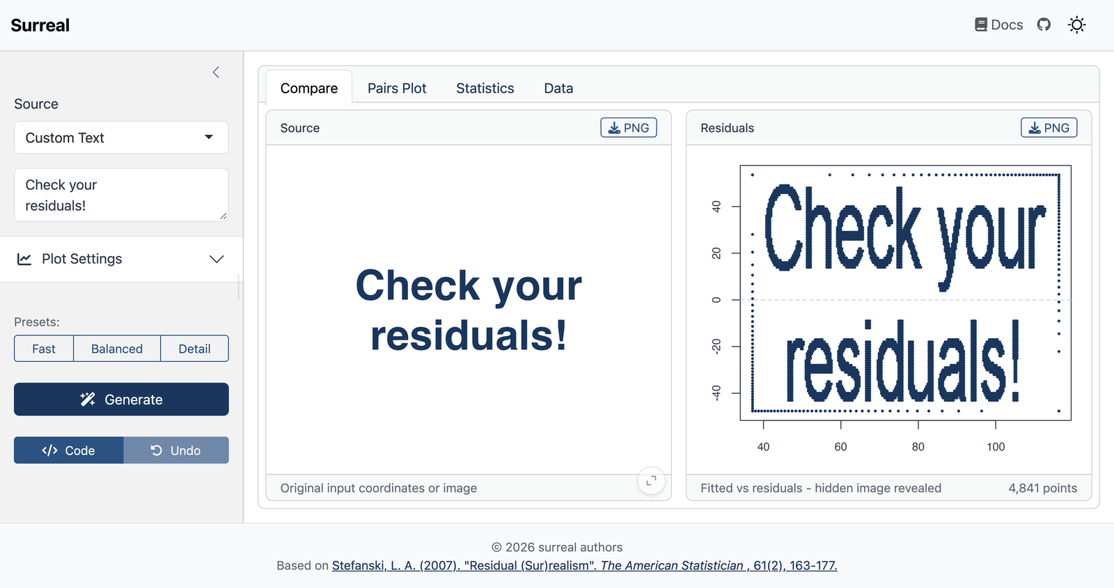 The surreal Shiny app. The message “Check your residuals!” is enteredas custom text, and the Compare tab shows it beside the residual plotthat spells it out.