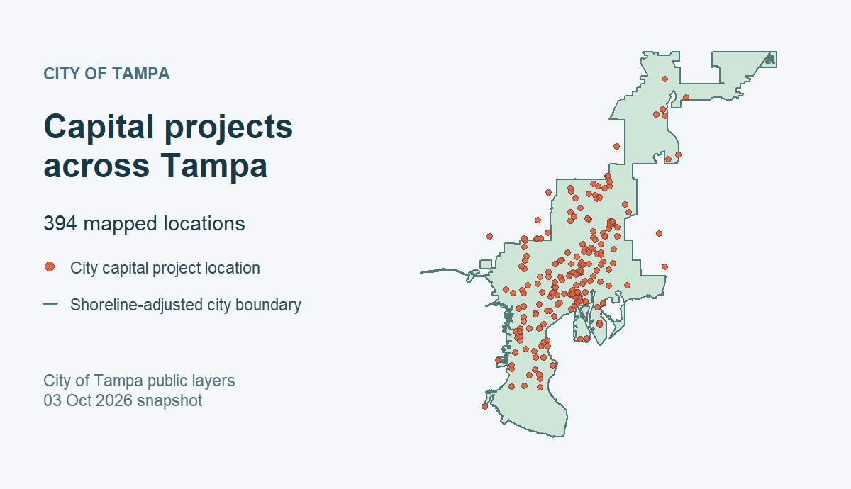 Map of 394 City of Tampa capital project locations and the shoreline-adjusted Tampa boundary