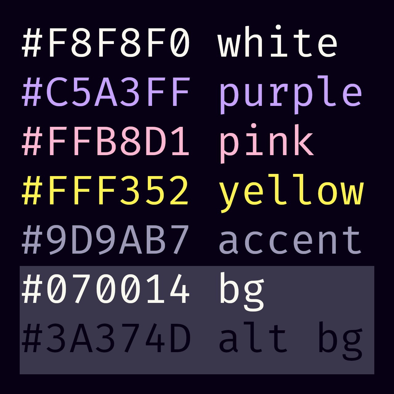 #F8F8F0 white #C5A3FF purple #FFB8D1 pink #FFF352 yellow #9D9AB7 accent #070014 bg #3A374D alt bg