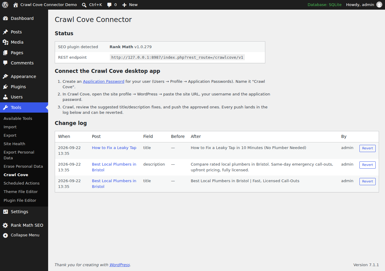 Tools → Crawl Cove change log in the WordPress admin