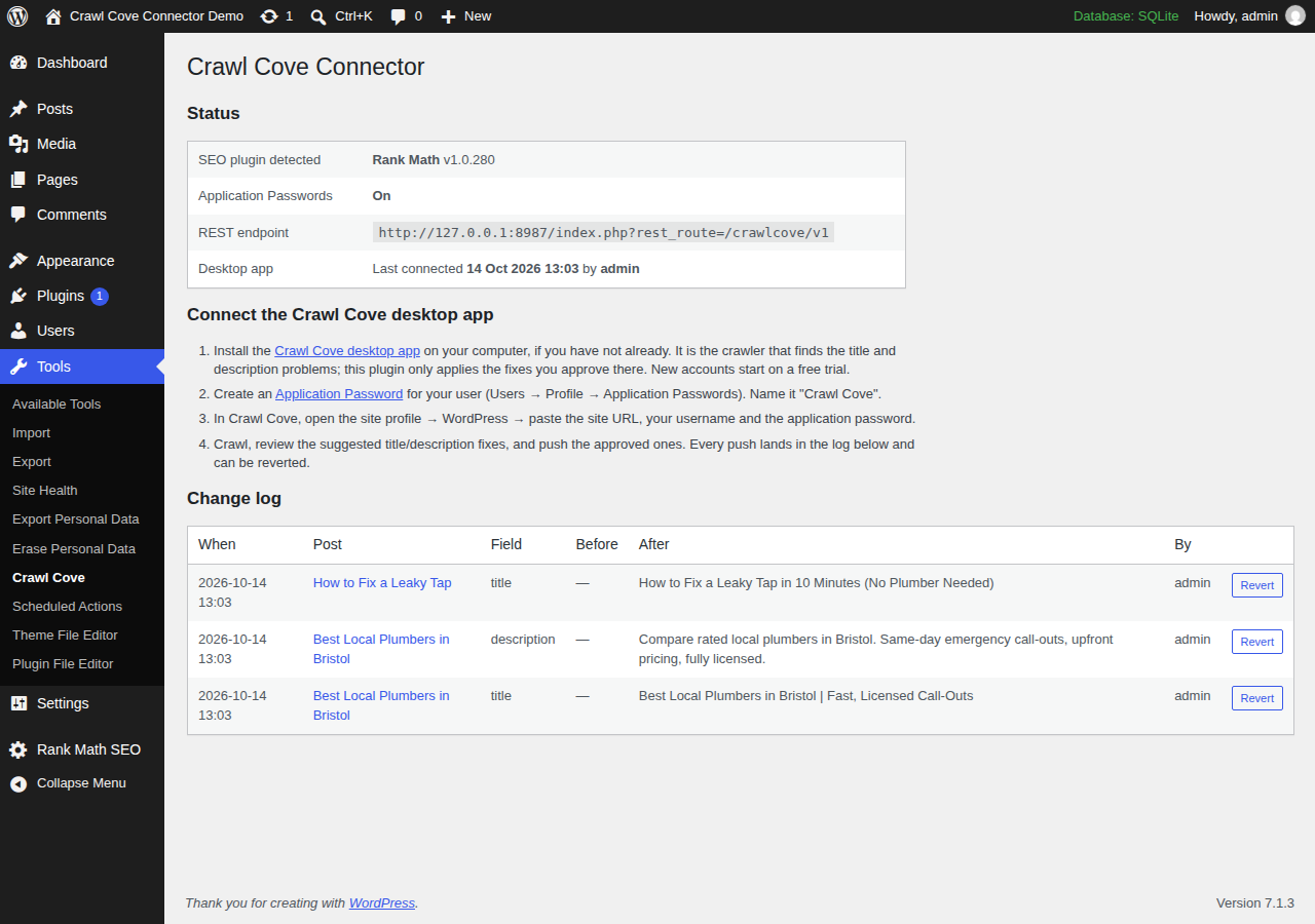 Tools → Crawl Cove change log in the WordPress admin