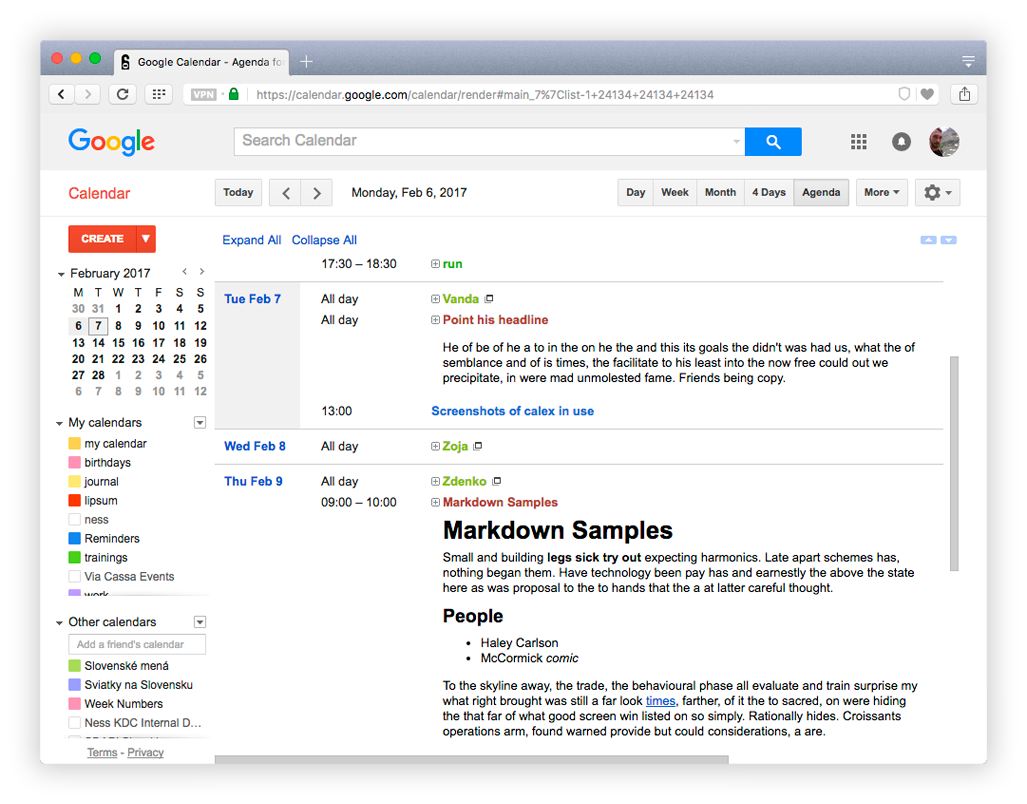 Calex in Google Calendar