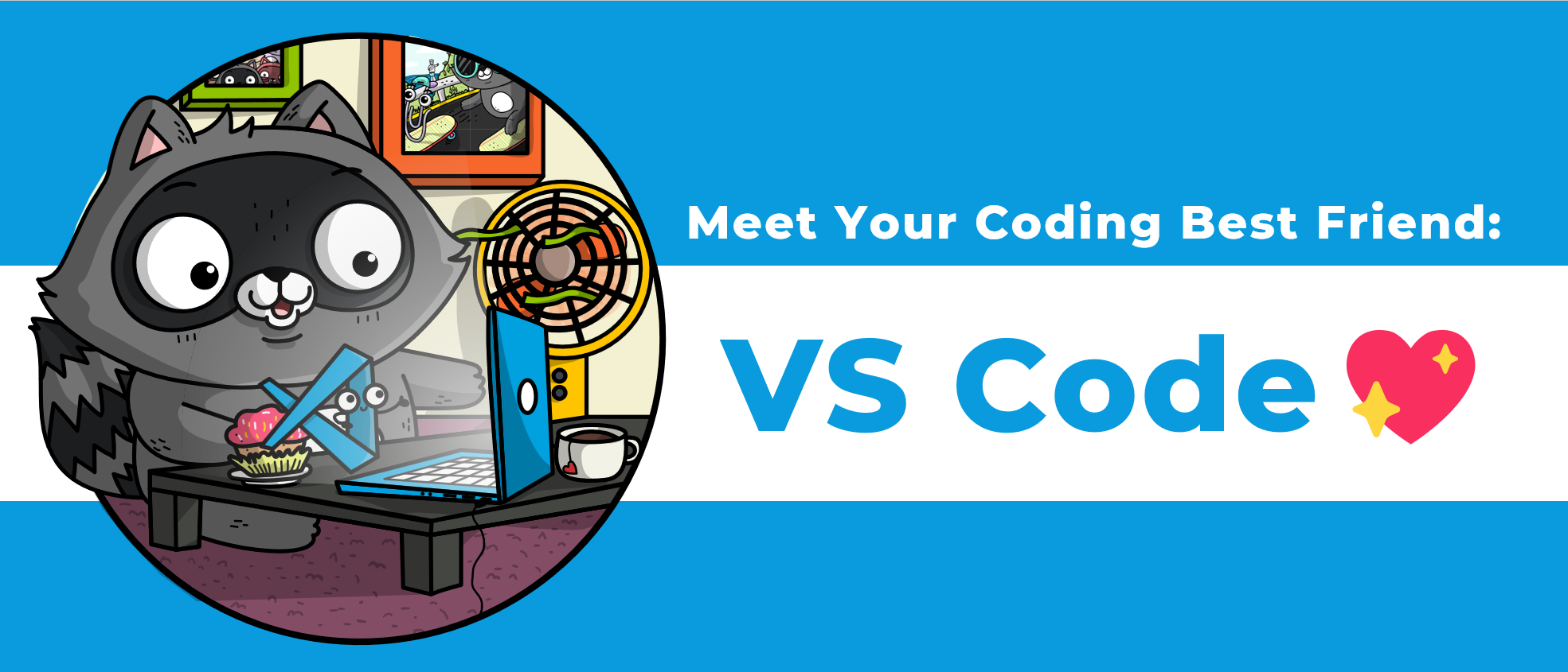 Raccon mascot bit in a header image working on a laptop with the title: Meet your coding best friend: VS Code💖