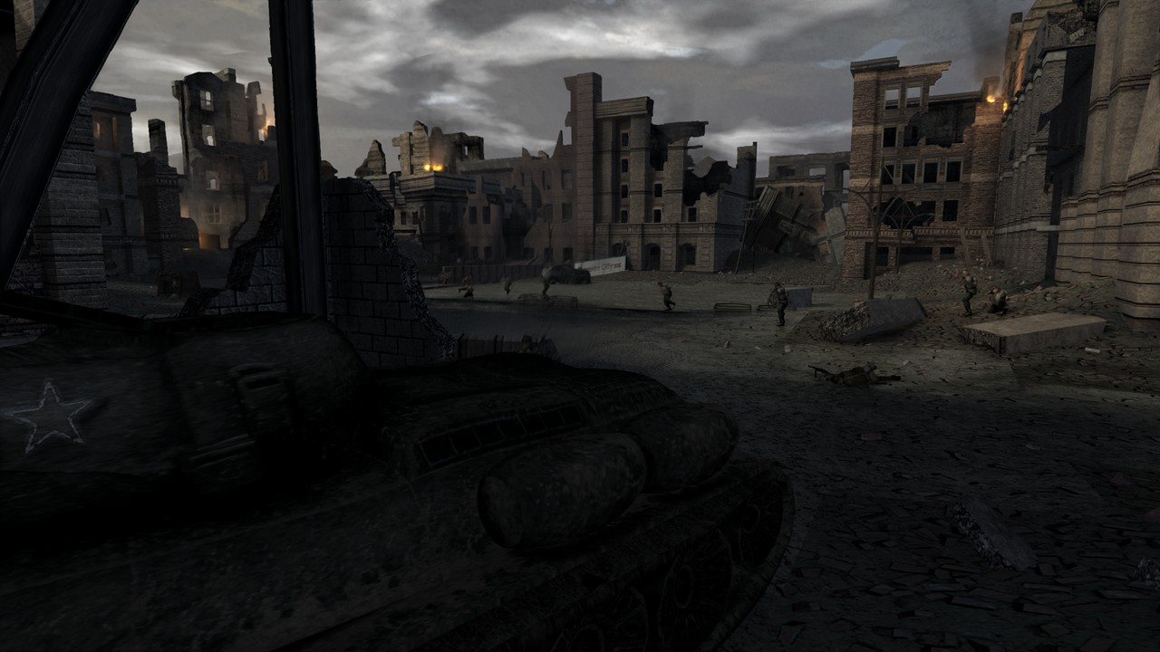 Tanque e soldados em uma cidade em ruínas no Finest Hour Remastered, captura divulgada pelo desenvolvedor.