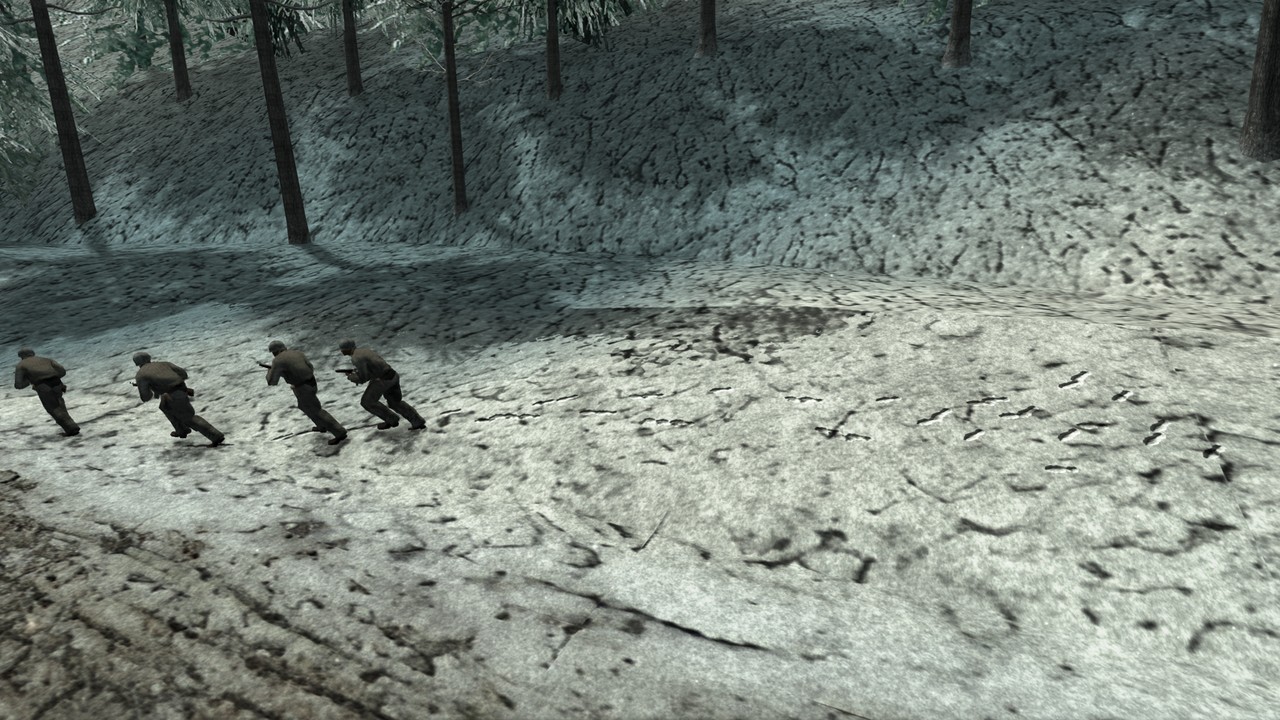 Soldados atravessam um terreno coberto de neve em captura do Finest Hour Remastered.
