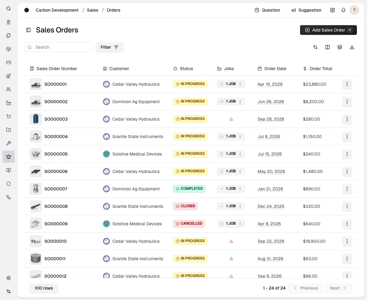 Sales orders list with status, linked jobs and order totals