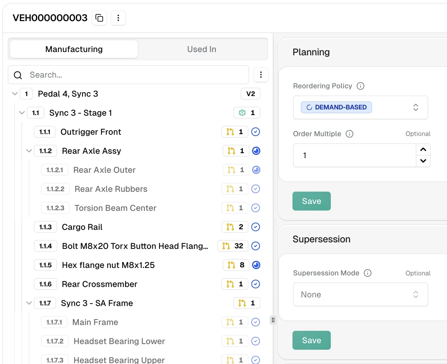 Multi-level bill of materials with planning and supersession