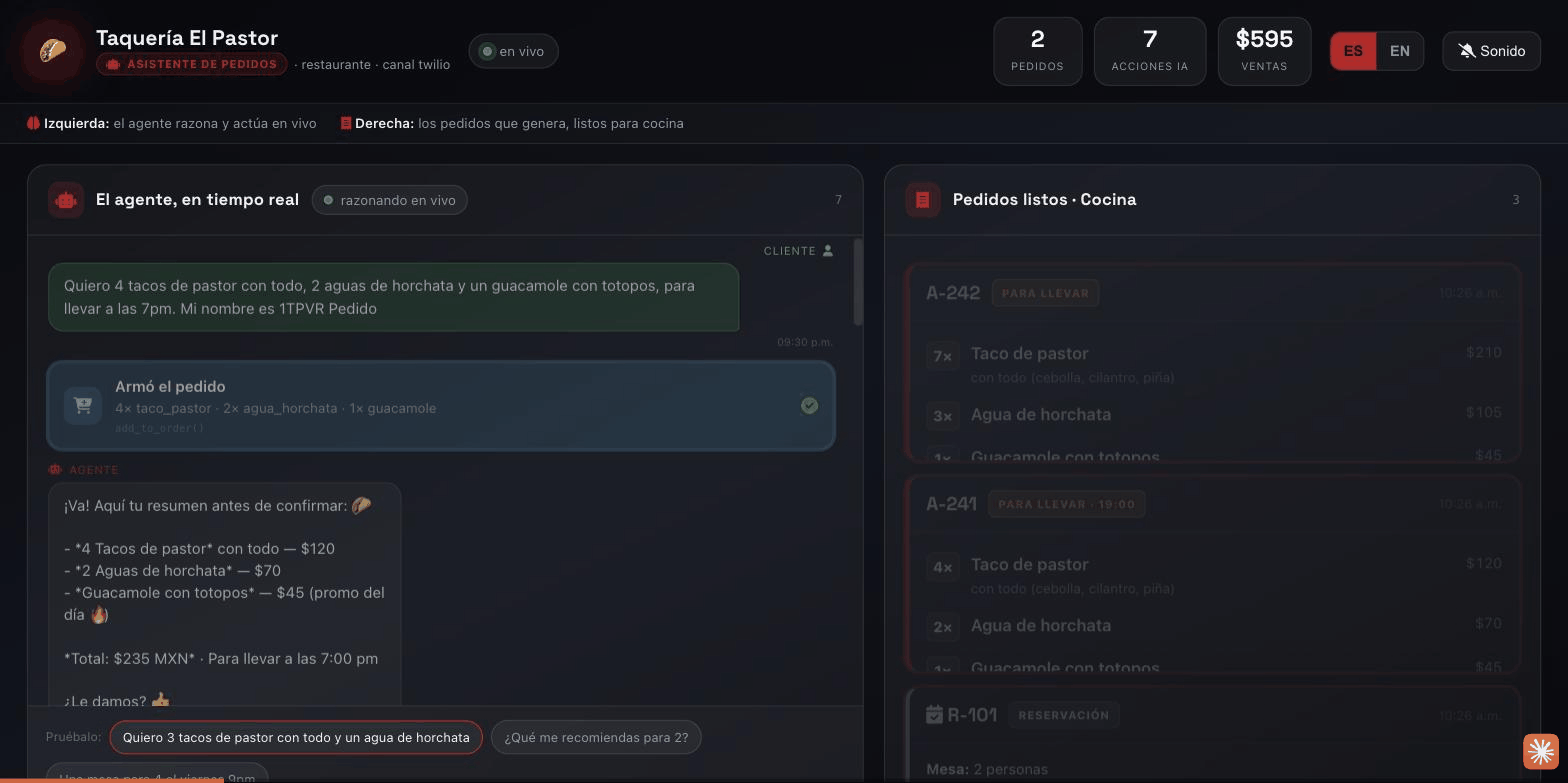 asistente-pedidos tomando un pedido de tacos por WhatsApp y actualizando el tablero de cocina en vivo