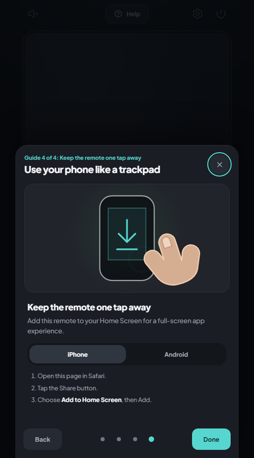 LocalTV Remote install guide with iPhone selected and an Android option