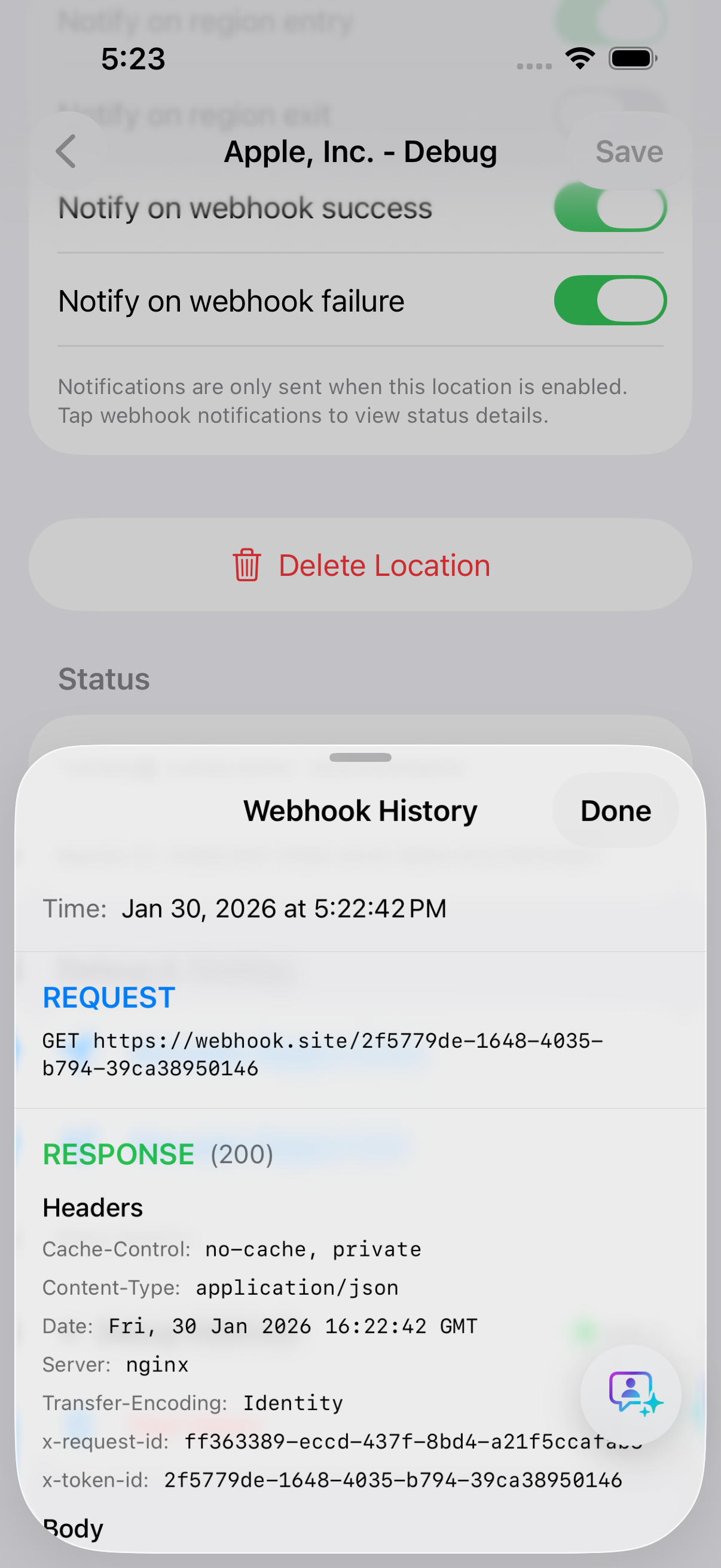 Webhook Debug Details — Full logging of every request
