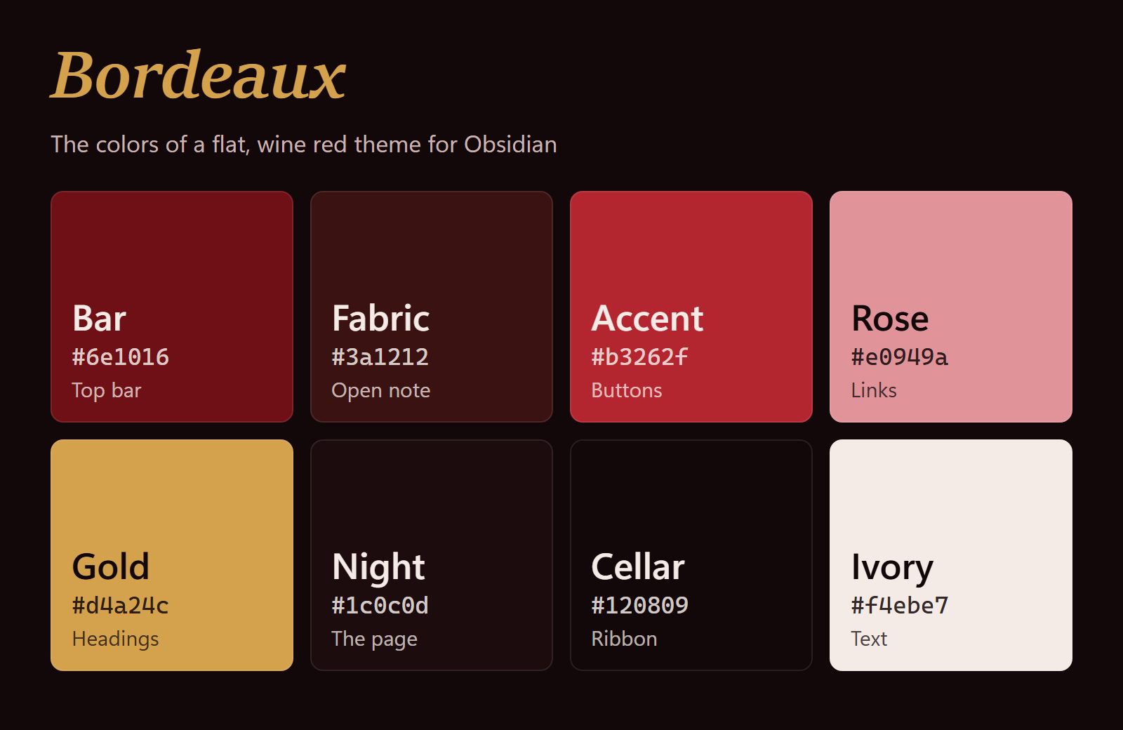 The eight colors of Bordeaux, each with its name, color code and where you see it