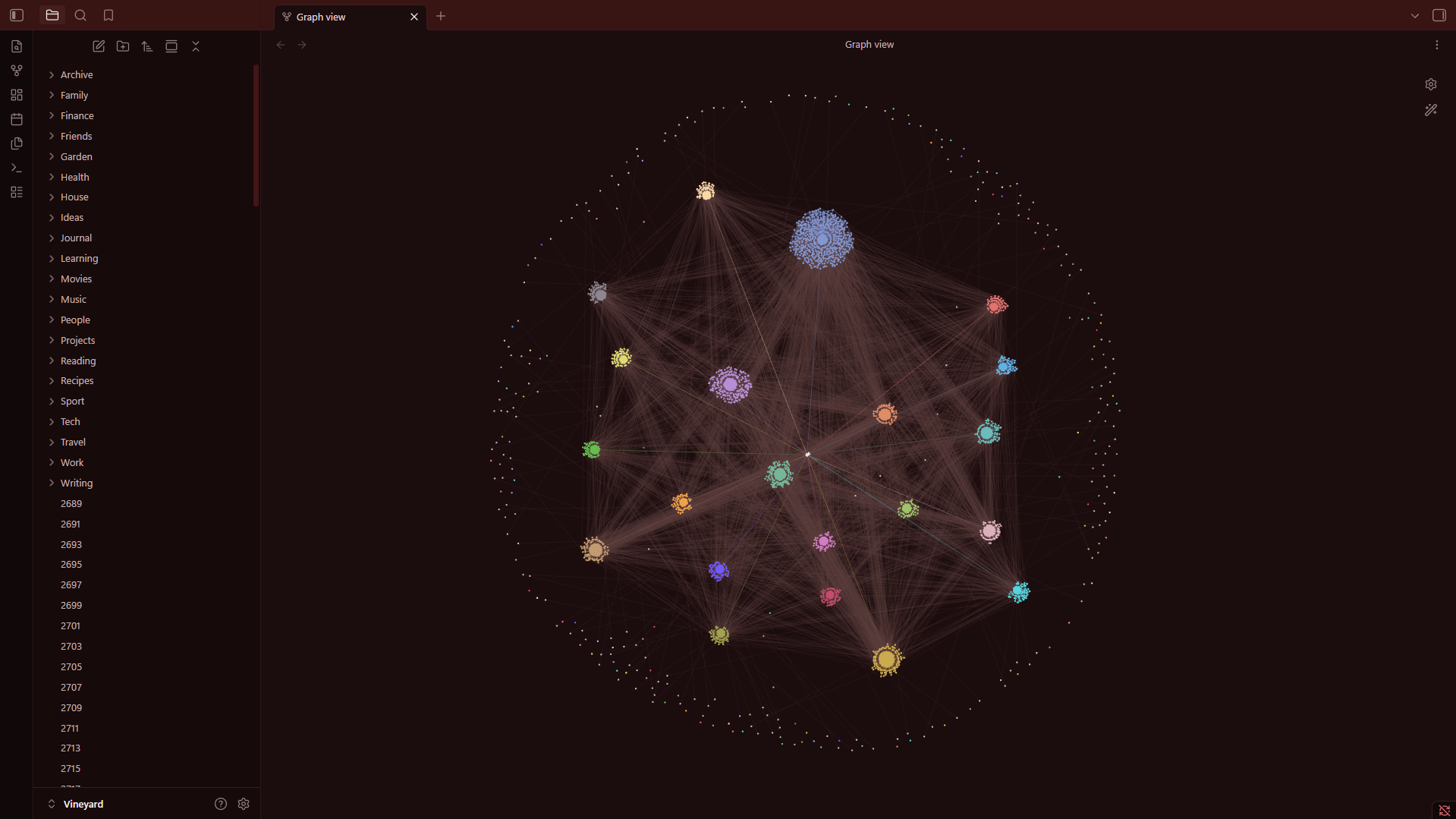 Bordeaux in a test vault, with the file list on the left and the graph view on the right