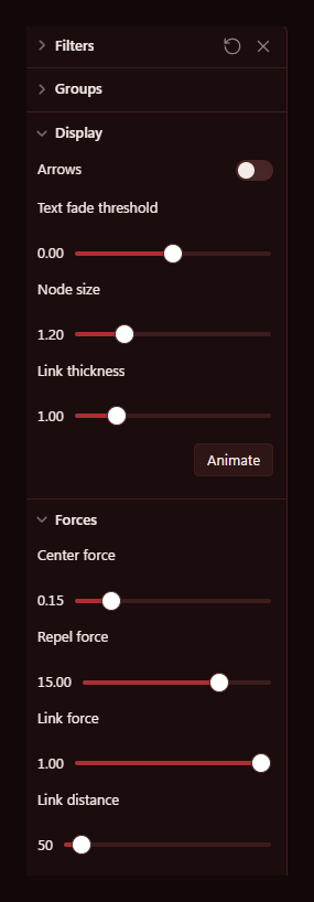 My graph settings, with center force at 0.15