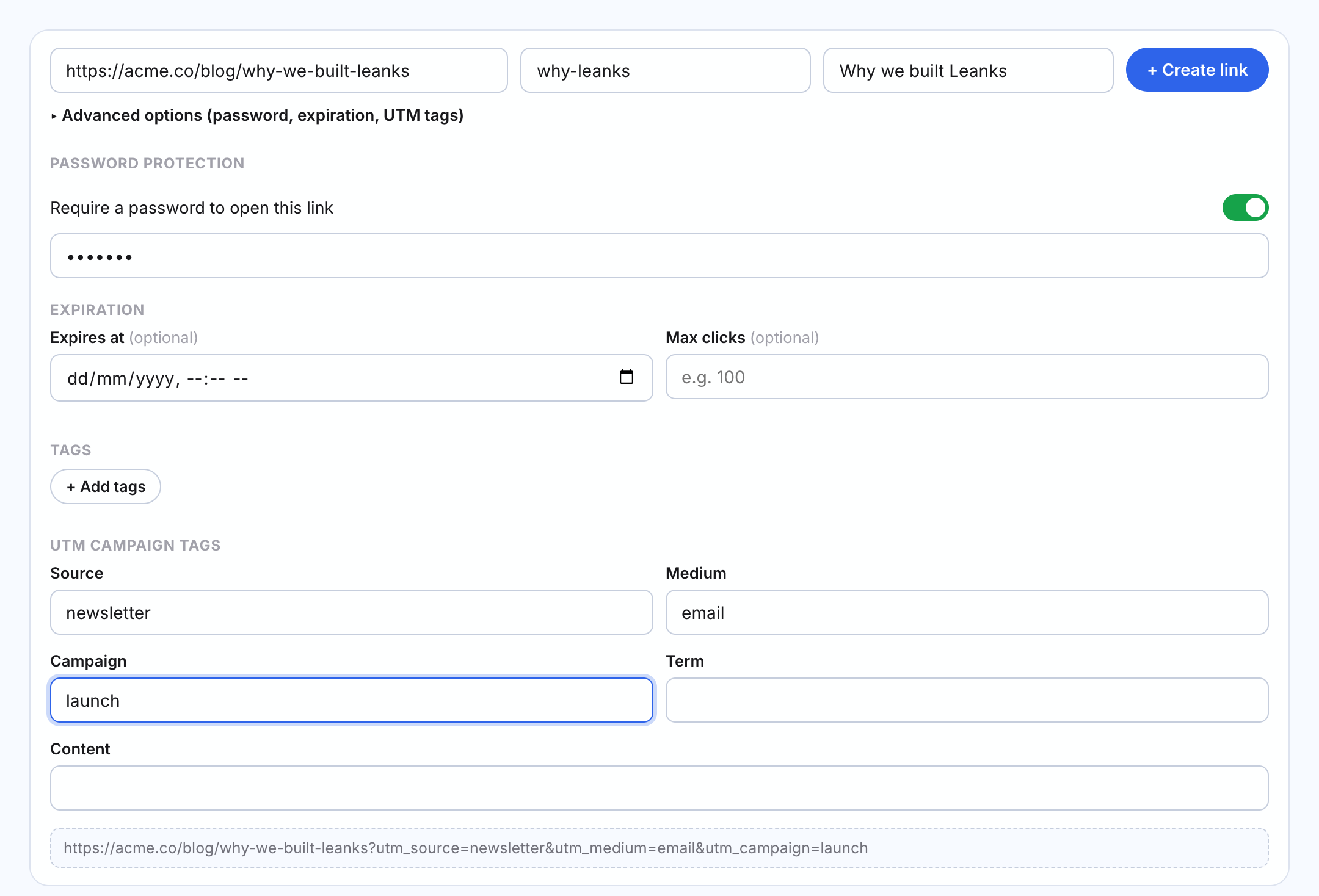 Creating a link with password protection and UTM tags