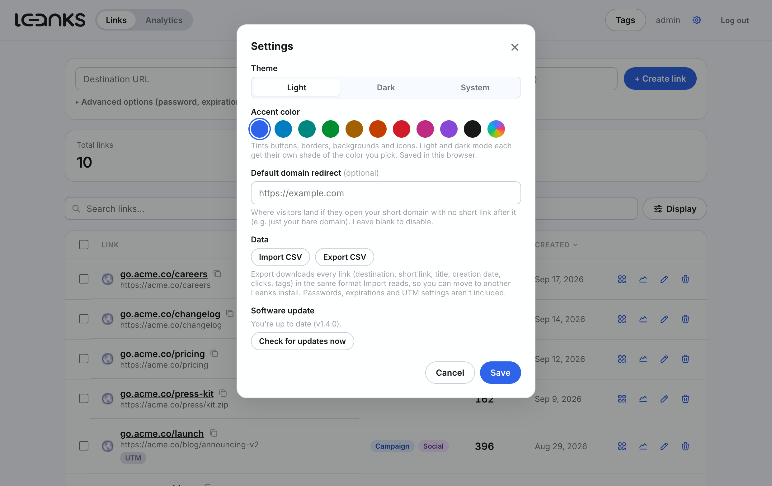 Settings: theme, accent color, import/export