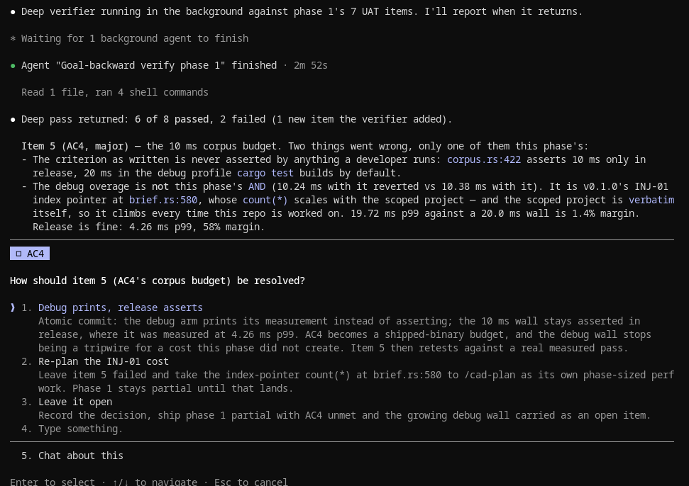 The deep verifier finishing a goal-backward pass over phase 1's eight UAT items. It reports 6 of 8 passed and 2 failed, and for the failed item it separates a criterion that no developer-run test asserts from a debug-profile cost that belongs to an earlier release, then asks how the criterion should be resolved.